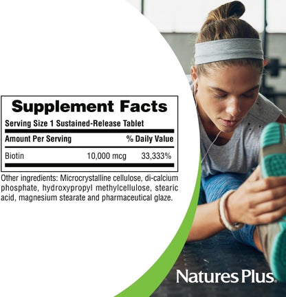 NaturesPlus Biotin 10,000mcg – 90 Sustained-Release Tablets – Hair, Skin & Nail Support