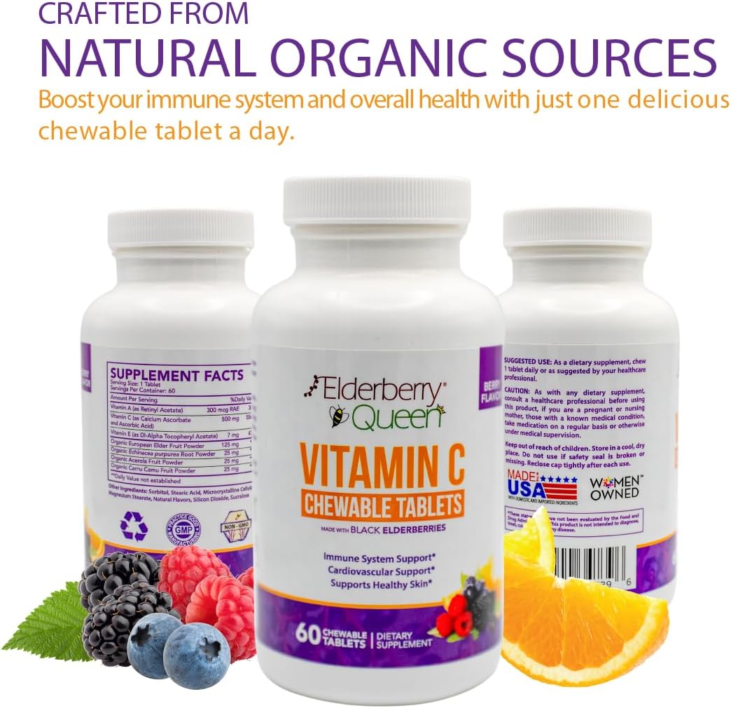 Elderberry Queen Chewable Vitamin C 500mg – Immune Boost & Antioxidant Support Tablets with Vitamin A, E & Organic Echinacea, Elder Fruit, Acerola – Natural Dietary Supplement, 60 Count - görsel 6