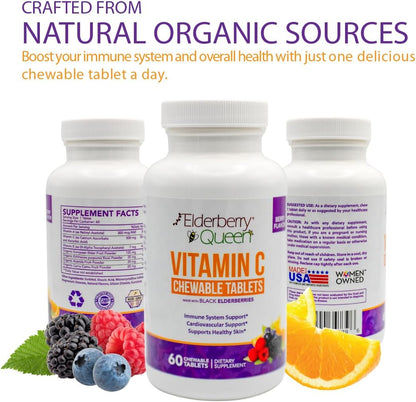 Elderberry Queen Chewable Vitamin C 500mg – Immune Boost & Antioxidant Support Tablets with Vitamin A, E & Organic Echinacea, Elder Fruit, Acerola – Natural Dietary Supplement, 60 Count