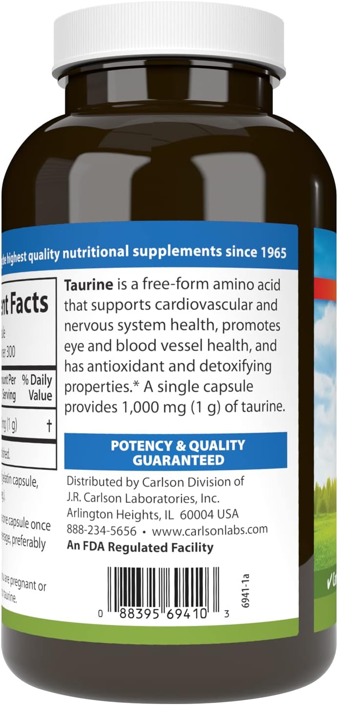 Carlson Taurine, Free-Form Amino Acid, Support for Nerve and Muscle Function, 300 Capsules - görsel 3