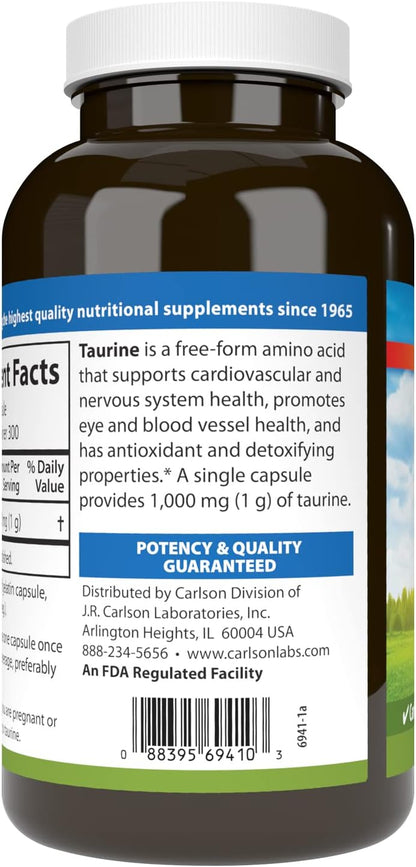 Carlson Taurine, Free-Form Amino Acid, Support for Nerve and Muscle Function, 300 Capsules