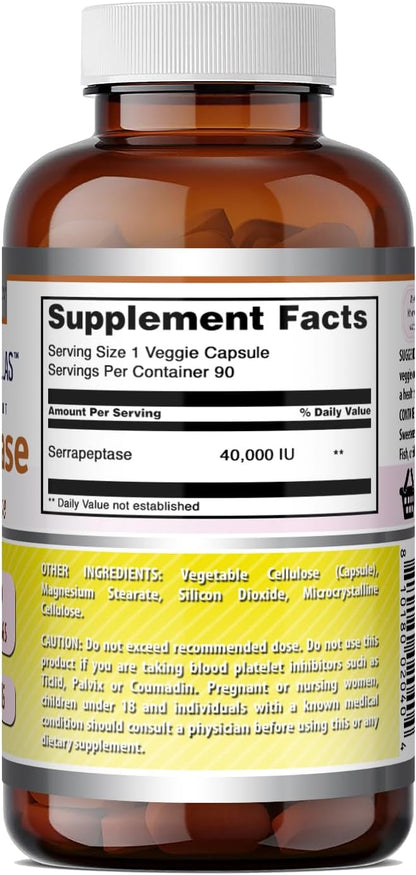 Amazing Formulae Serrapeptase Supplement | 40,000 IU | 90 Vegetable Capsules | Non-GMO | Gluten-free