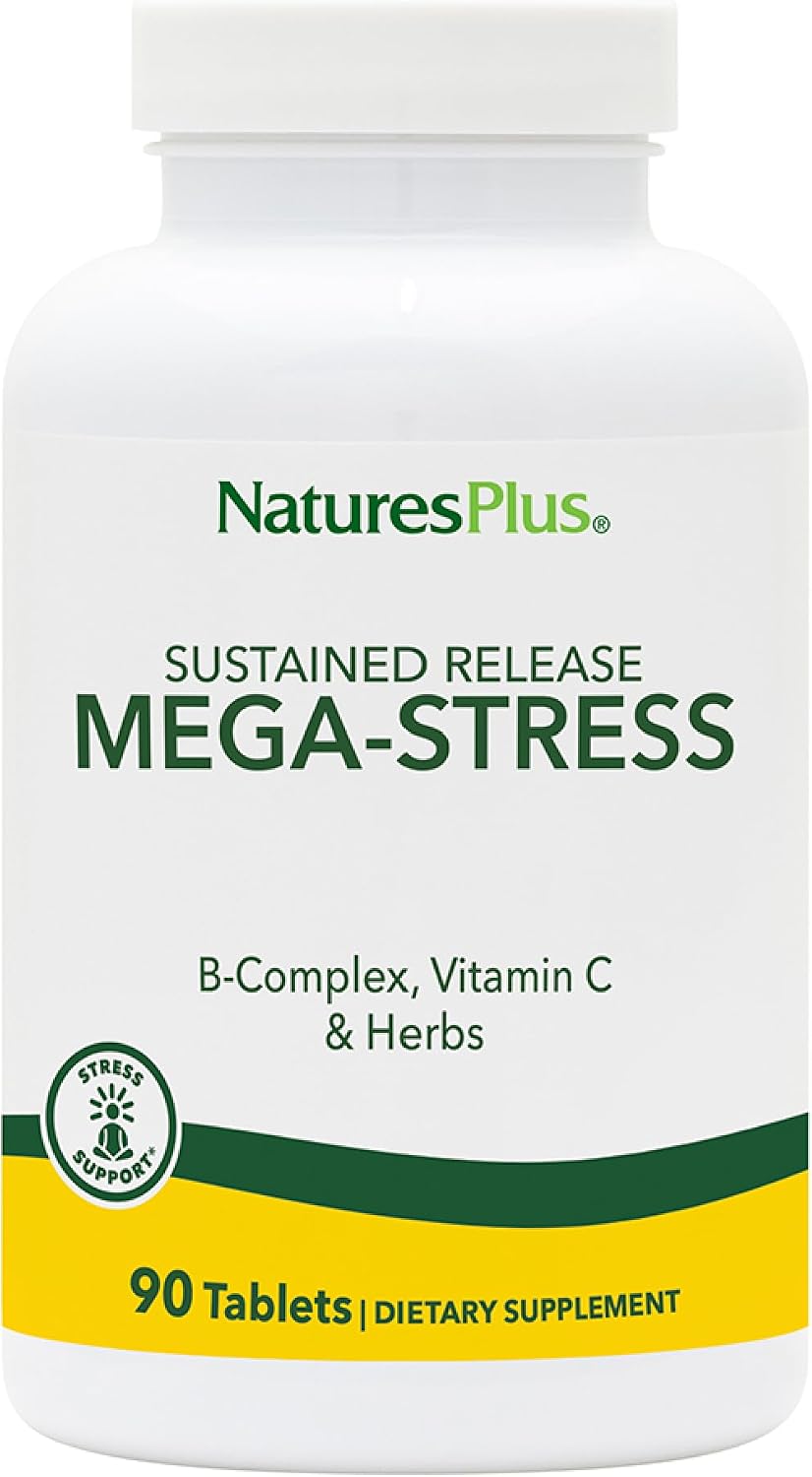 NaturesPlus Mega-Stress Complex – Sustained Release B Complex with Vitamin C, Chamomile and Herbs, 90 Vegetarian Tablets - görsel 1