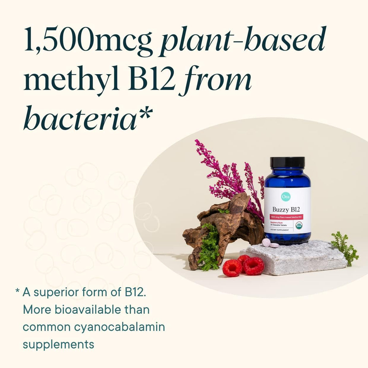 Ora Organic Vitamin B12 1500mcg - Plant-Based Methylcobalamin for Adults - Natural Stimulant-Free Energy, Raspberry Flavour Chewable Tablets, No Added Sugar - 30 Tablets - görsel 3