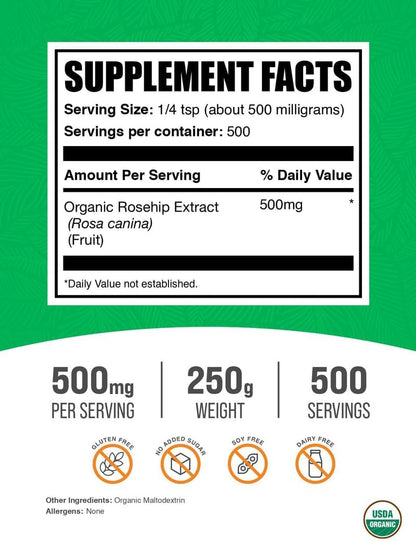 Organic Rosehip Extract Powder – Rosehip Supplement, 500mg per Serving, 250g