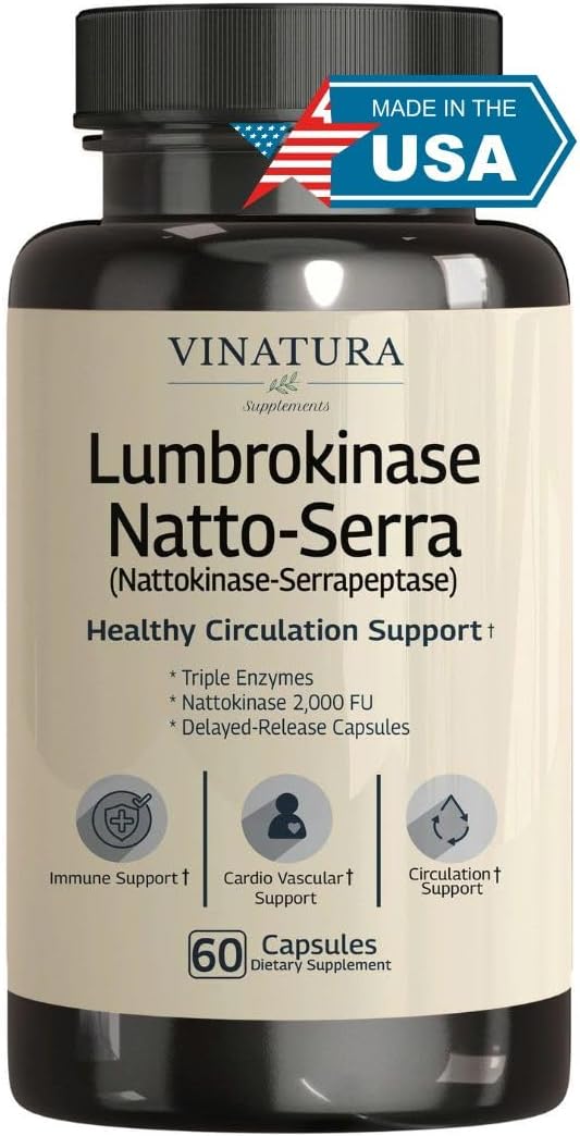 VINATURA Lumbrokinase Serrapeptase Nattokinase - Triple Enzyme Supplement for Blood Circulation Support - 60 Delayed-Release Capsules - görsel 1