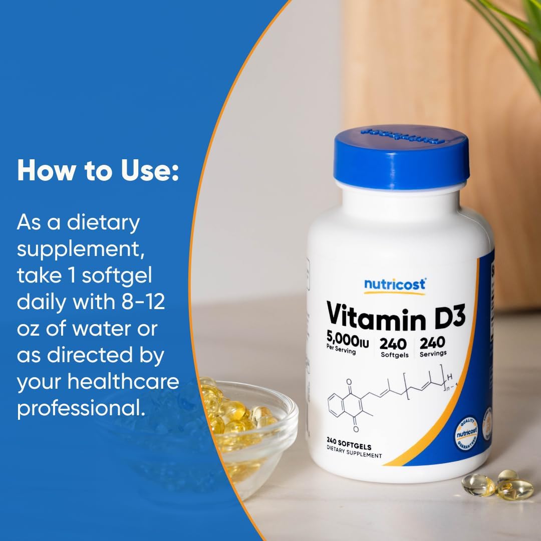 Nutricost Vitamin D3 5,000 IU (125 µg), 240 Soft gel capsules - Non-GM and Gluten-free Vitamin D - görsel 7