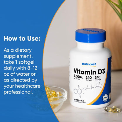 Nutricost Vitamin D3 5,000 IU (125 µg), 240 Soft gel capsules - Non-GM and Gluten-free Vitamin D