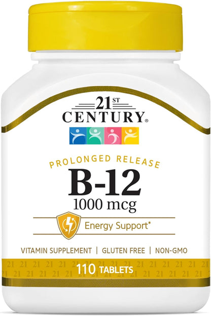 21st Century B12 1000 mcg Prolonged Release Tablets, Cyanocobalamin for Energy and Nerve Support, Gluten Free, 110 Tablets