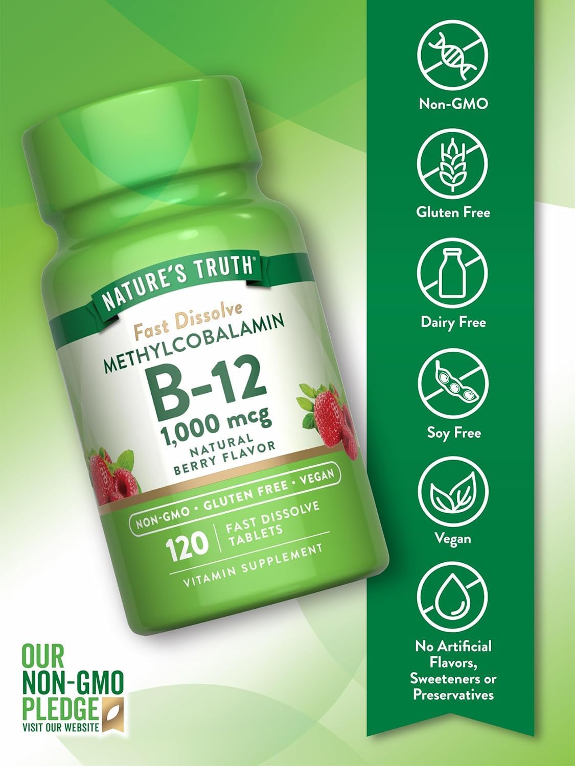 Nature's Truth Vitamin B12 1000 mcg Methylcobalamin Fast Dissolve Tablets, Natural Berry, 360 Tablets (Pack of 3) - görsel 3