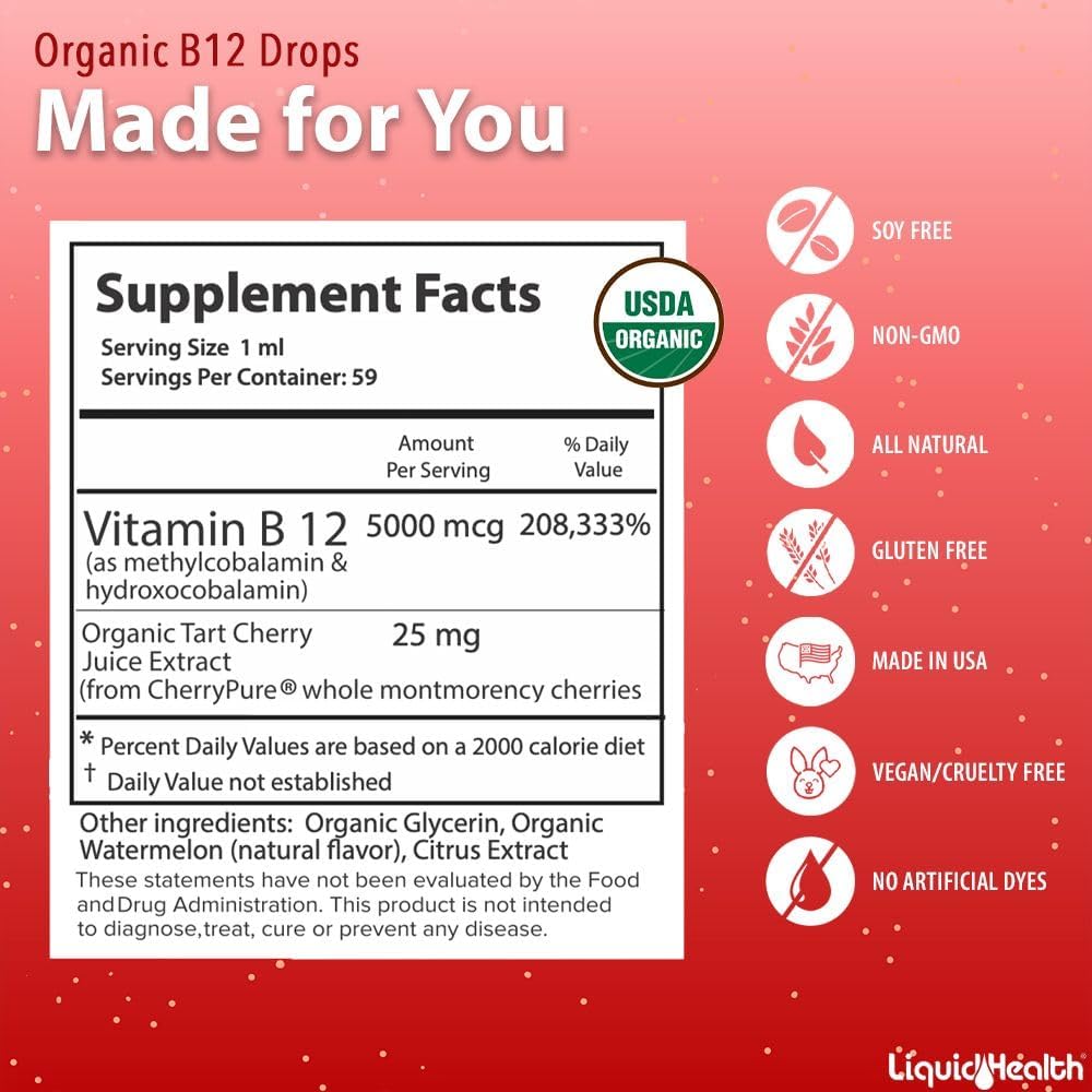 LIQUIDHEALTH Organic Methyl Vitamin B12 Drops with Tart Cherry Juice, 5000 mcg, 2-Pack - görsel 5