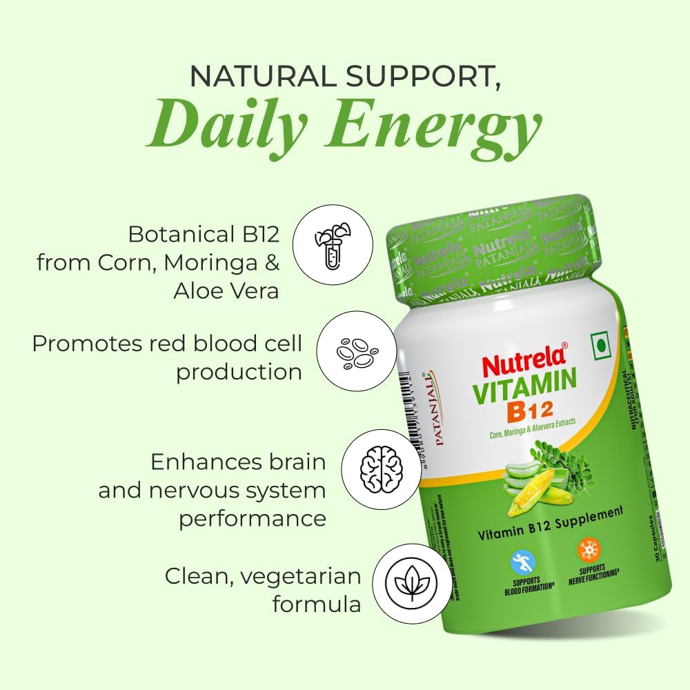 NUTRELA Patanjali Vitamin B12 Biofermented Plant Based Supplement for Men & Women with Moringa and Aloe Vera Extract - 30 Vegan Capsules (Pack of 2) - görsel 3
