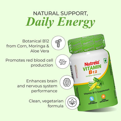 NUTRELA Patanjali Vitamin B12 Biofermented Plant Based Supplement for Men & Women with Moringa and Aloe Vera Extract - 30 Vegan Capsules (Pack of 2)