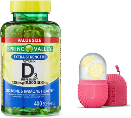 Vitamin D3 Spring Valley Soft gel capsule Capsules, 125 mcg (5,000 IU), 400 Count – with Gift Face Ice Roller