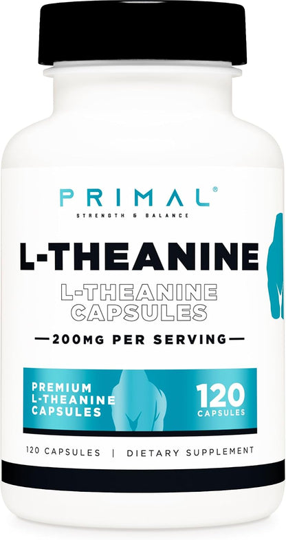 Primal L-Theanine Capsules - 200mg, 120 Capsules - Non-GMO, Gluten-free, Natural Amino Acid for Calm Focus