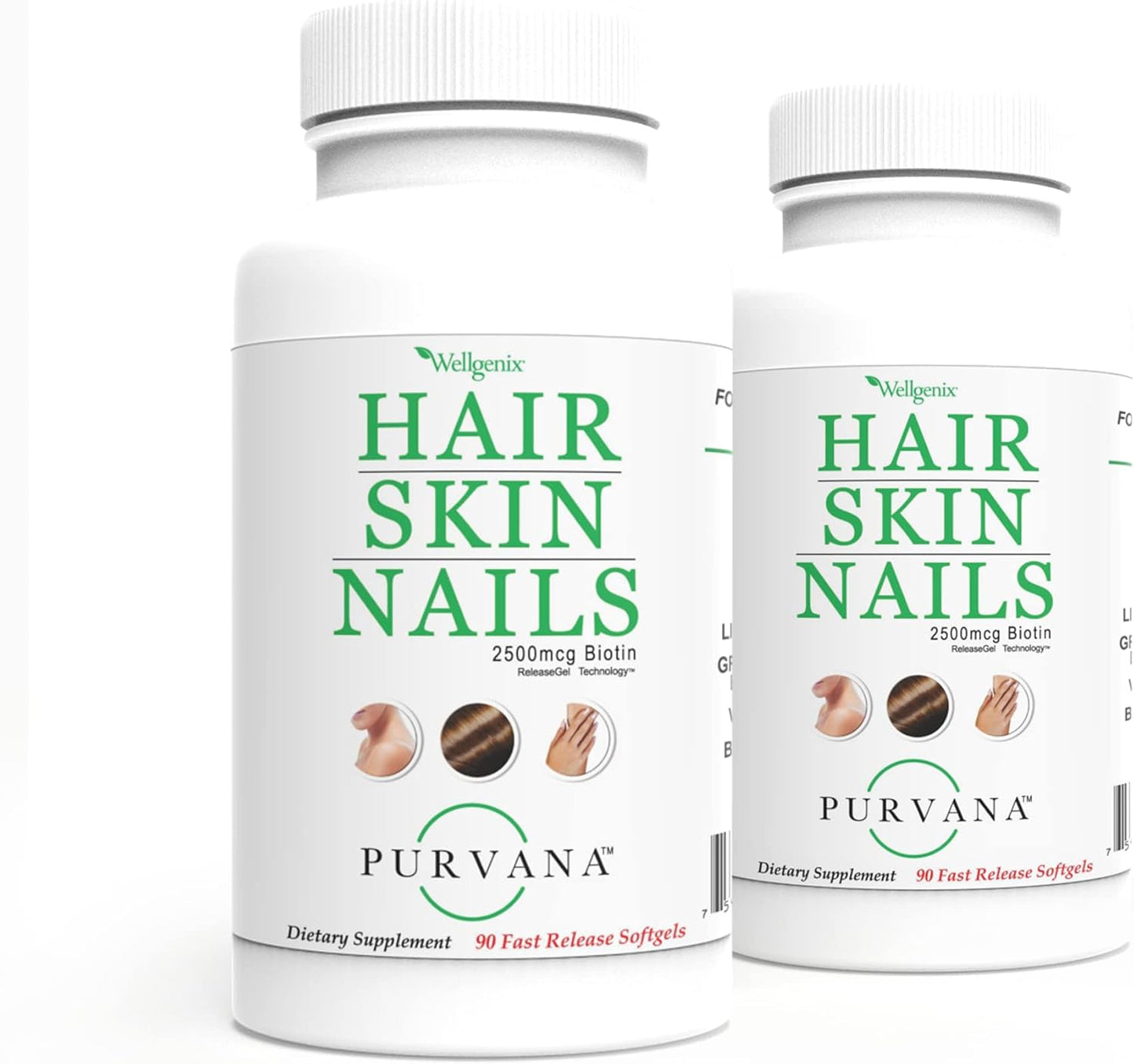 Wellgenix Purvana Hair, Skin & Nails Supplement – 2500 mcg Biotin Softgels with MSM & B-Complex – Daily Beauty Support for Stronger Nails & Hair Vitality – 180 Softgels (2 Pack) - görsel 1