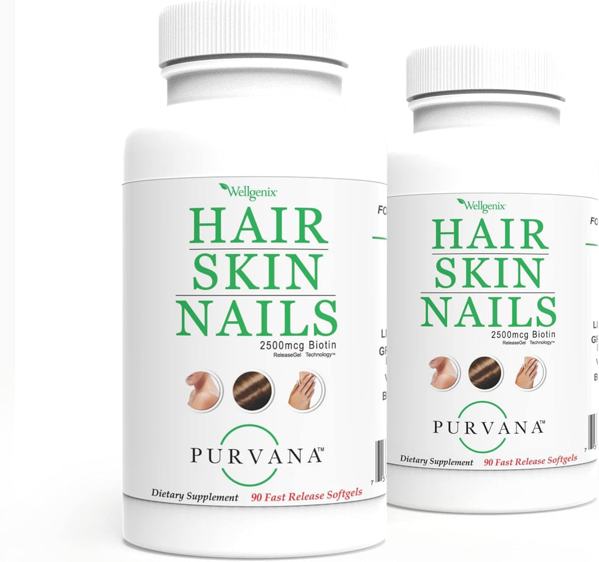 Wellgenix Purvana Hair, Skin & Nails Supplement – 2500 mcg Biotin Softgels with MSM & B-Complex – Daily Beauty Support for Stronger Nails & Hair Vitality – 180 Softgels (2 Pack) - görsel 1