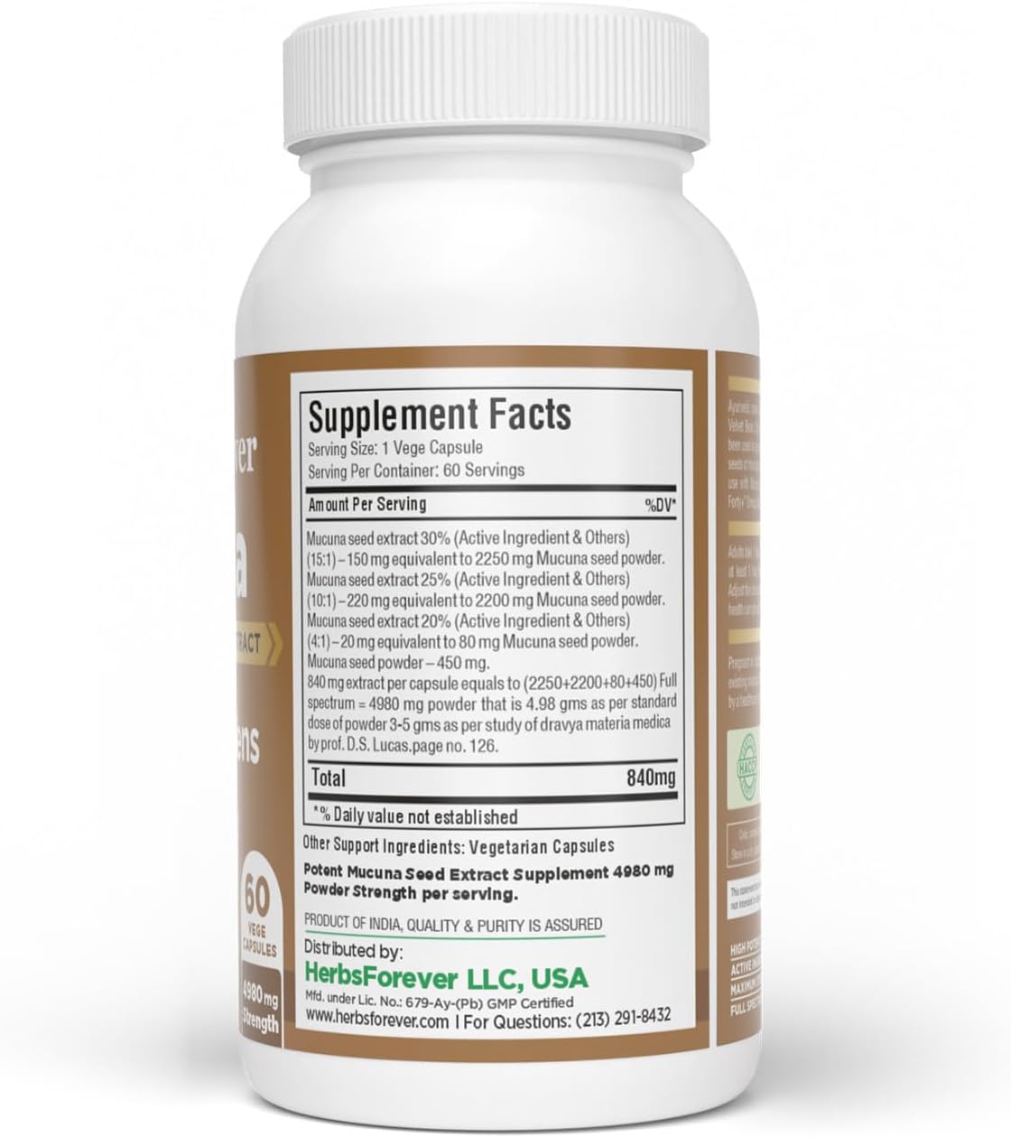 Herbsforever Mucuna Pruriens (Velvet Bean) Extra Strength (15:1) Extract - 60 Veg Capsules, 840mg - görsel 3
