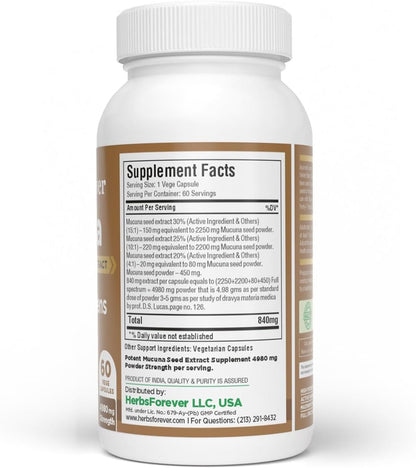 Herbsforever Mucuna Pruriens (Velvet Bean) Extra Strength (15:1) Extract, 840mg per Serving, 60 Vegetable Capsules