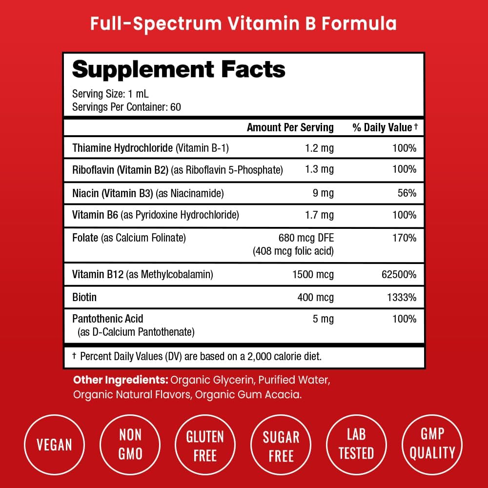 USDA Organic Vitamin B Complex Liquid Drops – Methylated B12, Biotin, Folate | 2 oz - görsel 2