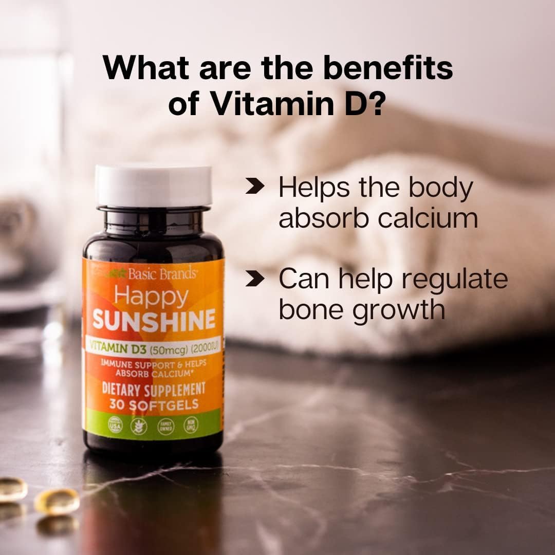 Basic Brands Happy Sunshine Vitamin D3 2000 IU Daily Supplement, 30 Soft gel capsules - görsel 4