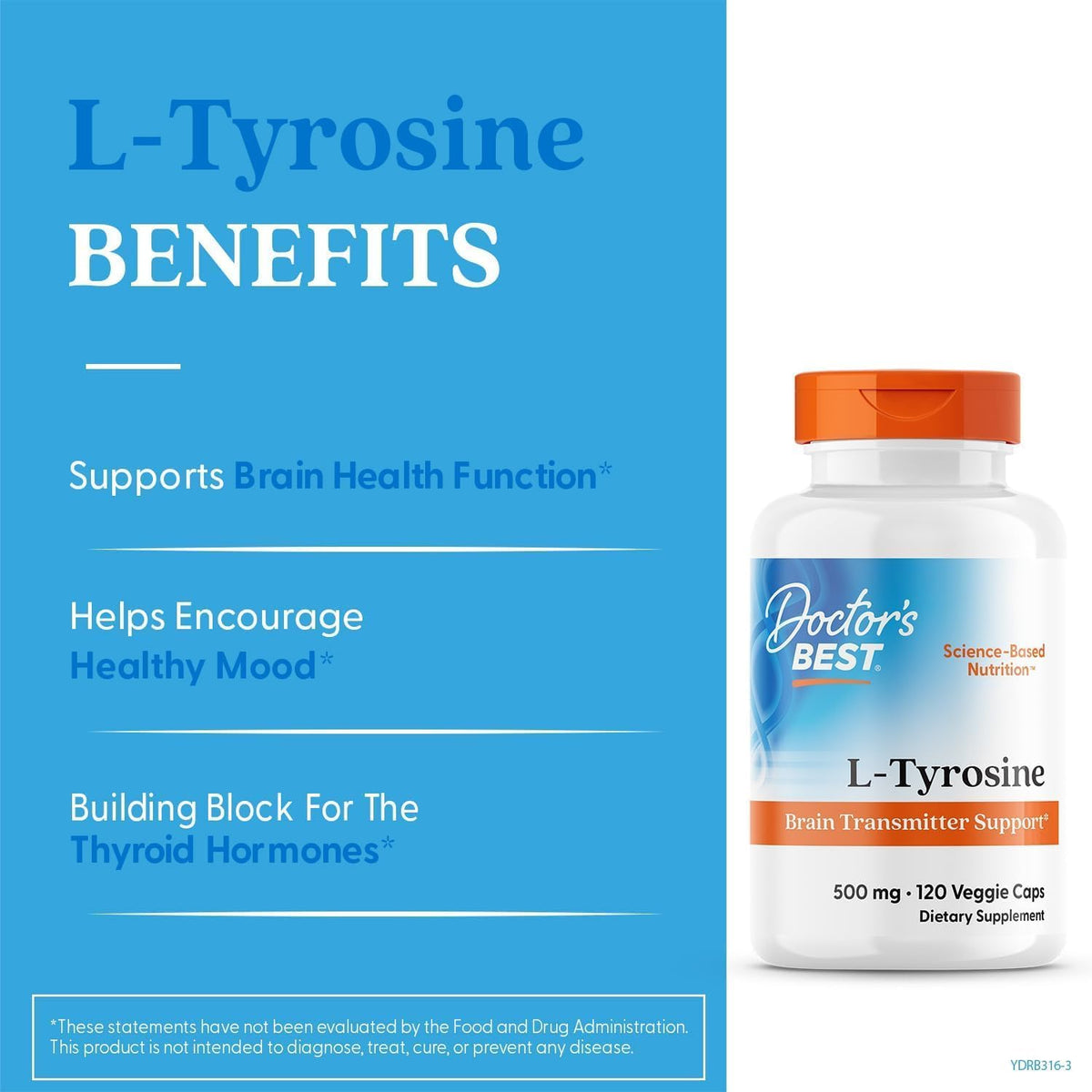 Doctor's Best L-Tyrosine, 500 mg, 120 Veg Capsules - görsel 3
