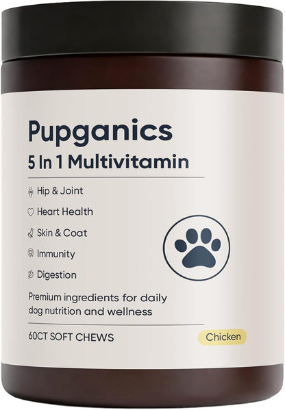 Pupganics Multivitamin Soft Chews for Dog, Dog Vitamins and Supplements for Immune System, Joint Support, Skin, Gut Health, with Probiotics, Glucosamine, Vitamin A/D3/E, Chicken Flavour, 60 Count (1)