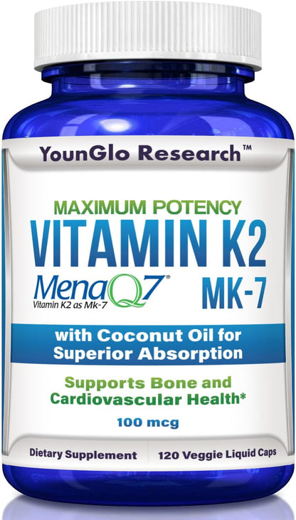 YounGlo Research Vitamin K2 MK7 (MenaQ7) 100 mcg with Coconut Oil - 120 Vegan Liquid Capsules