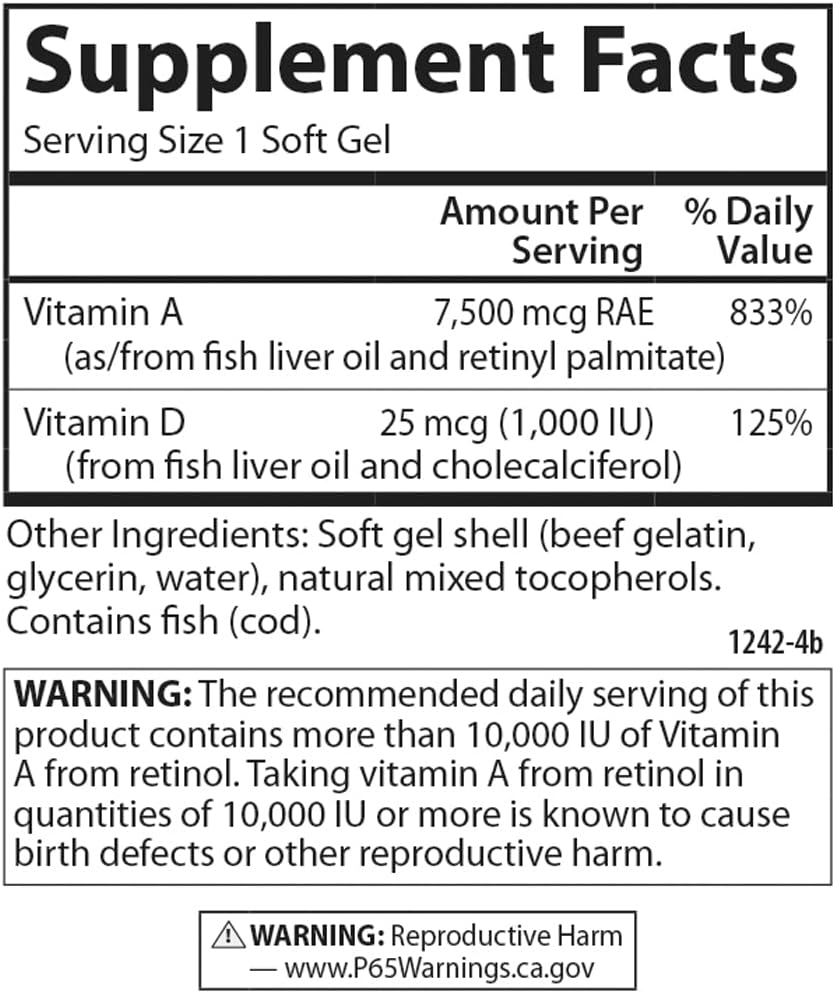 Carlson - A & D, 25000 IU (7500 mcg RAE) Vitamin A, 1000 IU (25 mcg) Vitamin D, Vision Support, Skin Health, 250 Softgels - görsel 4
