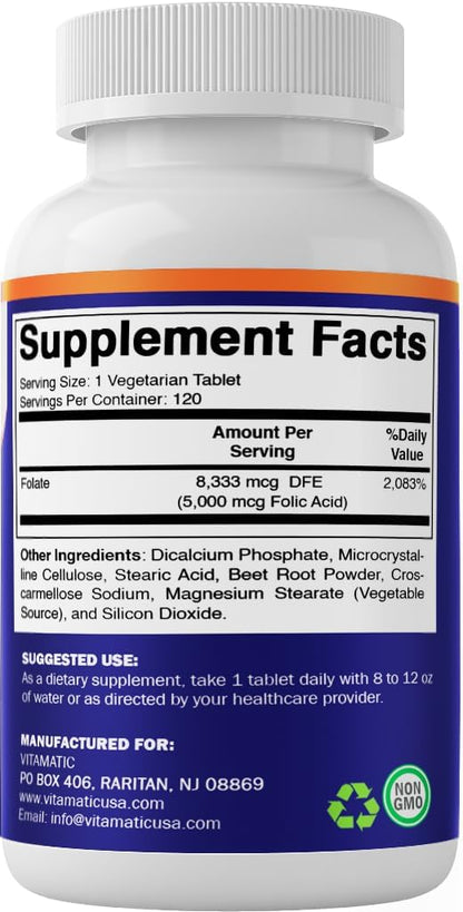 Vitamatic Folic Acid 5 mg (5,000 mcg) - 240 Vegetarian Tablets (2 Pack of 120)