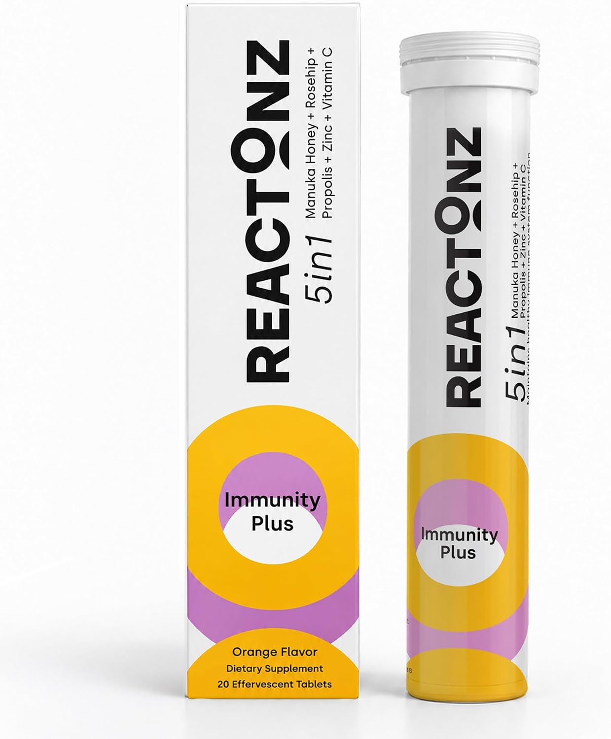 REACTONZ 5 in 1 Immunity Plus Effervescent Tablets – Immune Support with Vitamin C, Zinc, Manuka Honey, Rosehip & Propolis – Natural Orange Flavour – 20 Day Supply - görsel 1