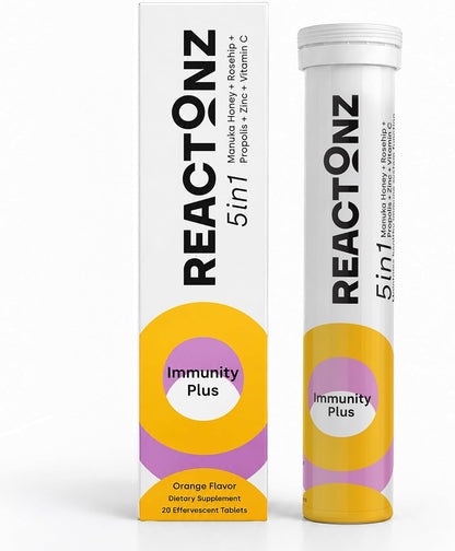 REACTONZ 5 in 1 Immunity Plus Effervescent Tablets – Immune Support with Vitamin C, Zinc, Manuka Honey, Rosehip & Propolis – Natural Orange Flavour – 20 Day Supply