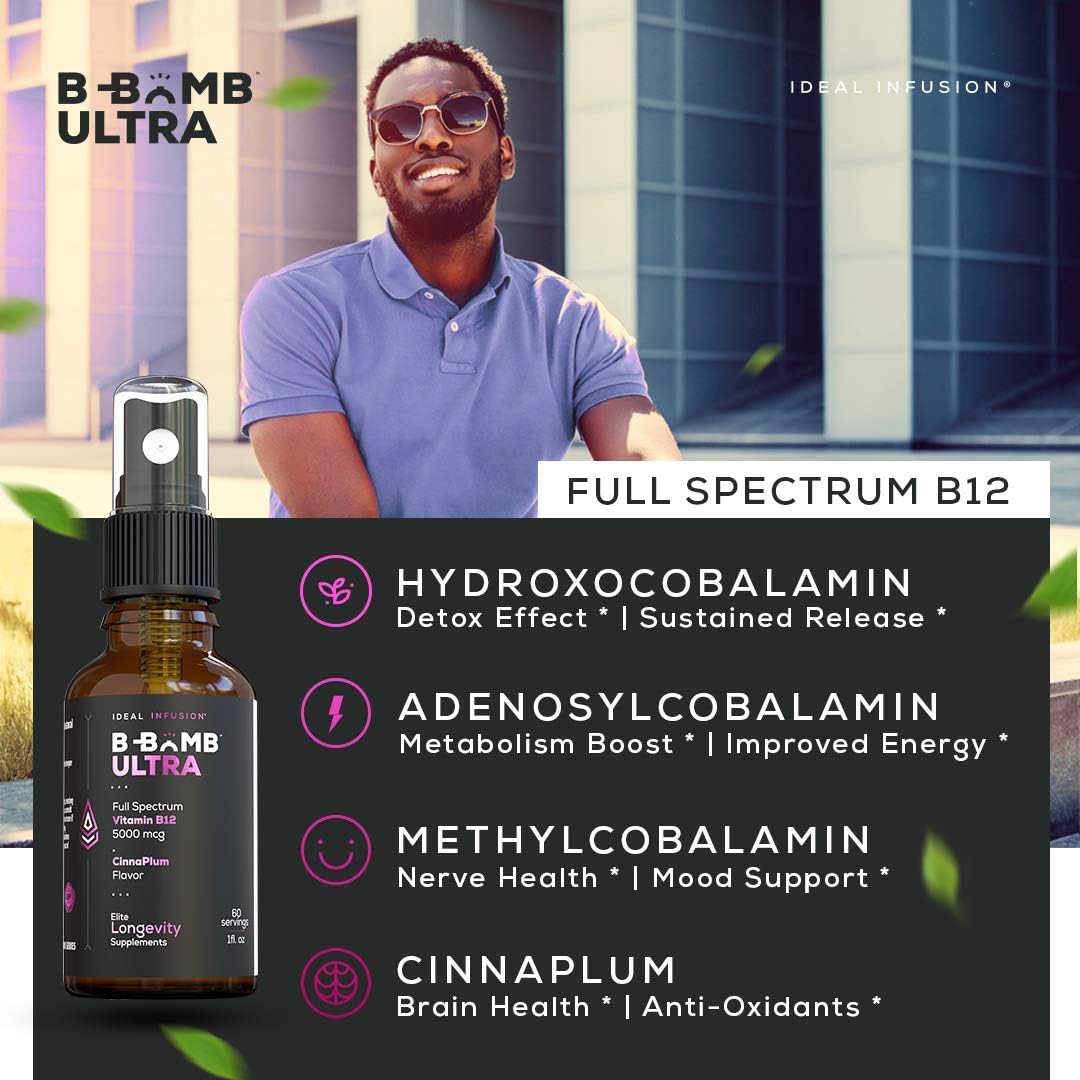 Ideal Infusion B-Bomb Triple B12 Liquid Spray - 5000 mcg Methylcobalamin, Adenosylcobalamin, Hydroxocobalamin - Nerve & Energy Support - Sugar Free, Keto Friendly (Organic CinnaPlum) - görsel 6