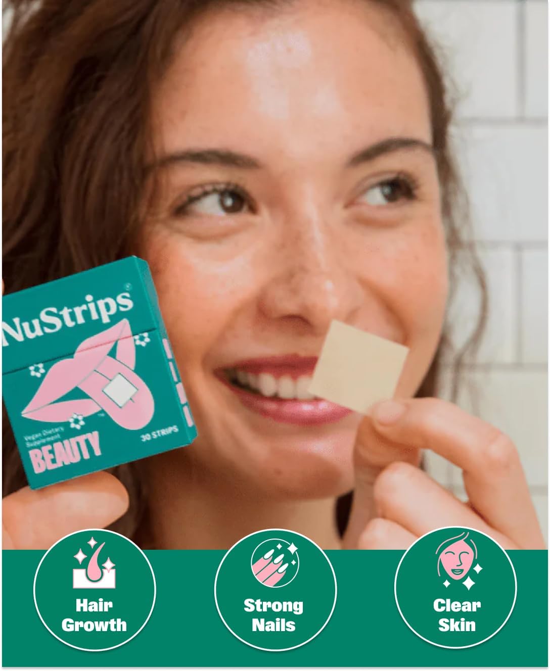 NuStrips Fast-Dissolving Beauty Strips with Biotin, Folate & Vitamin E – Hair, Skin & Nails Supplement – Vegan, Non-GMO – Strawberry Flavour (30 Strips) - görsel 2