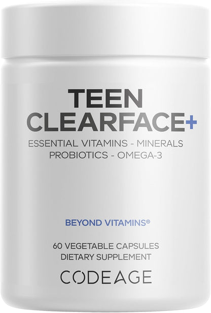 Codeage Teen Clearface - Adolescent Skin & Spot Support Supplement with Vitamins A, C, D3, E, Zinc, Probiotics, L-Lysine, Omega-3 - 2 Pack