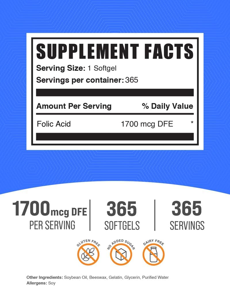 BulkSupplements Folic Acid Soft gel capsule Capsules - Vitamin B9, 1000 mcg, 365 Capsules - görsel 2
