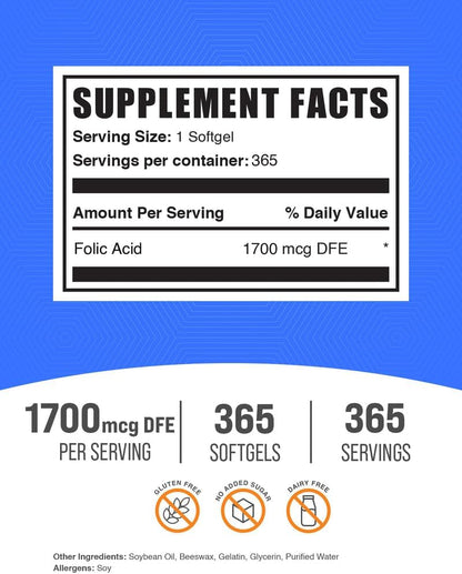 BulkSupplements Folic Acid Soft gel capsule Capsules - Vitamin B9, 1000 mcg, 365 Capsules