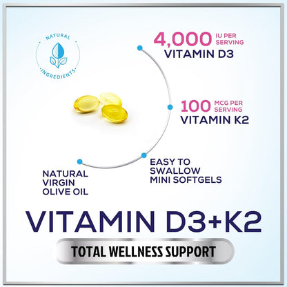 Vitamin D3 with K2 (MK-7) - 4000 IU D3 + 100 mcg K2 per Serving - 120 Soft gel capsules