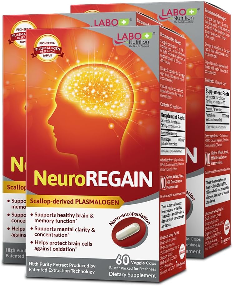 LABO Nutrition NeuroREGAIN – Scallop-derived PLASMALOGEN for Brain Health, Memory, Alertness, Learning and Concentration – Suitable for Seniors and Adults – 3-Pack - görsel 1