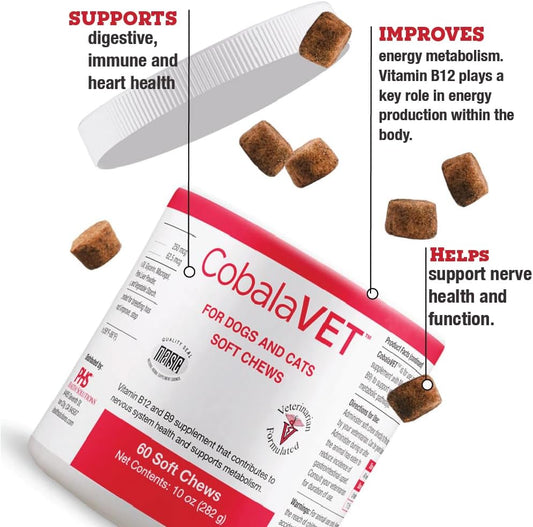 CobalaVet Vitamin B12 & B9 for Small Dogs & Cats – Supports Nervous System, Brain Function, Immune Defences & Cell Growth – Blood Cell Formation – Metabolic Pathway – 60 Soft Chews