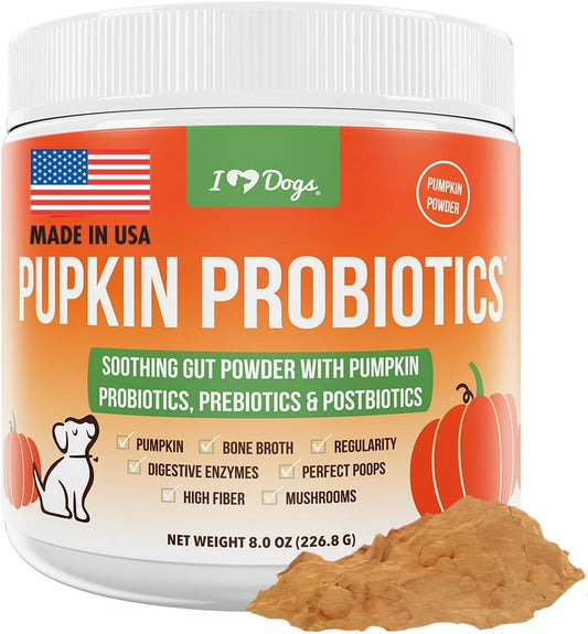 iHeartDogs Pupkin Probiotics, Prebiotics, Postbiotics, & Fibre for Dogs with Pumpkin, Gut-Soothing Bone Broth & Mushrooms