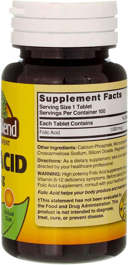 Nature's Blend Folic Acid 1000mcg Tablets, 200 Count (2-Pack)
