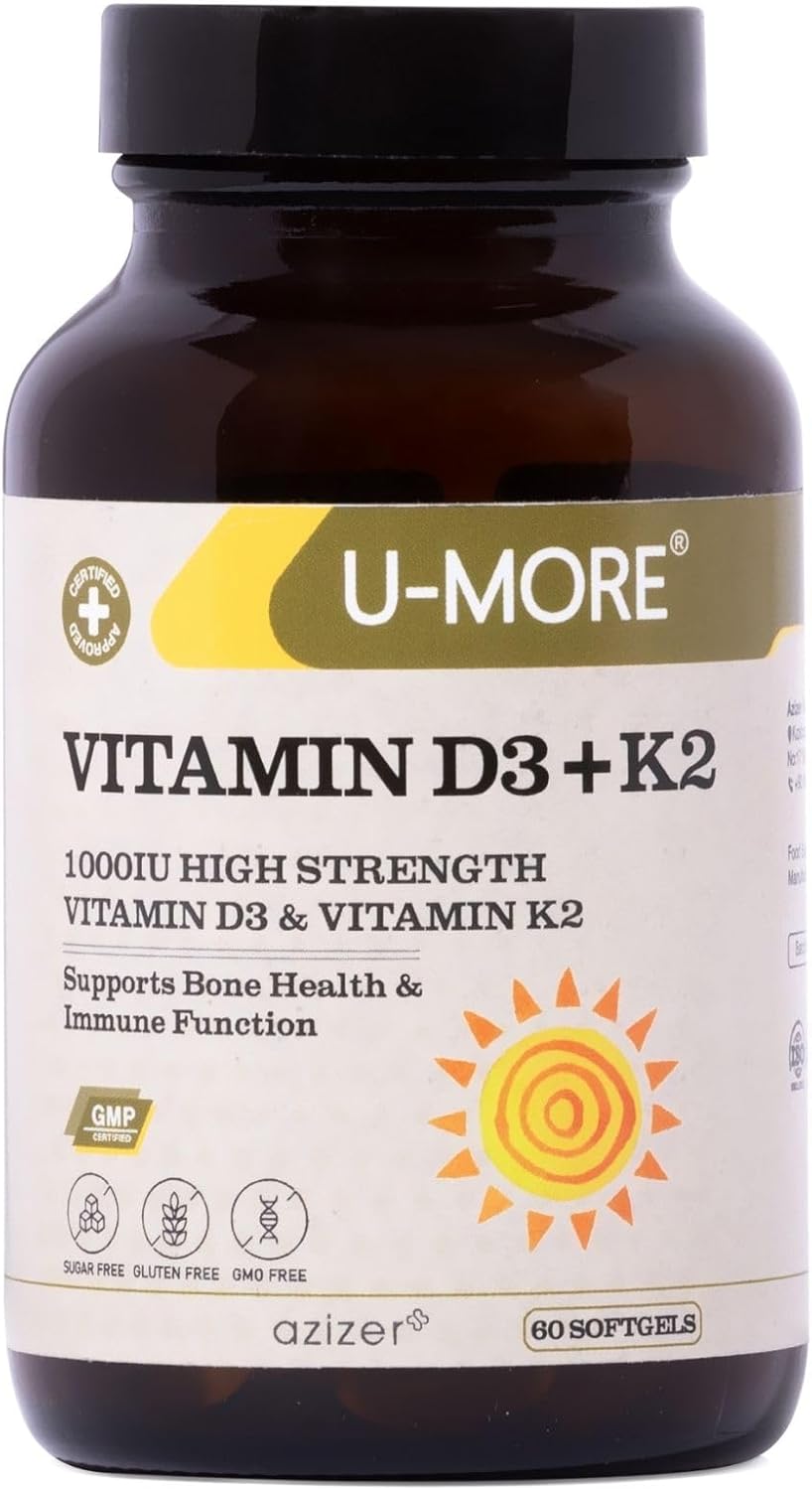U-MORE - 1000 IU High Strength Vitamin D3 & Vitamin K2 (Menaquinone-7) - Sugar Free - Supports Bone Strength & Immune Function - 60 Soft gel capsules - görsel 1