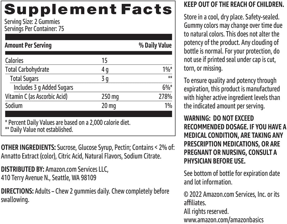 Amazon Basics Vitamin C Gummies, Sour Orange Flavour, 250 mg, 150 Count - görsel 5