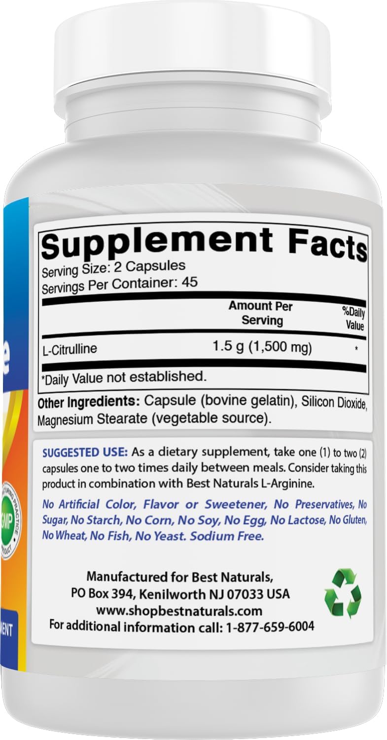 Best Naturals L-Citrulline Capsules – 1500mg/Serving – Non-GMO – Gluten-free – 90 Capsules - görsel 6