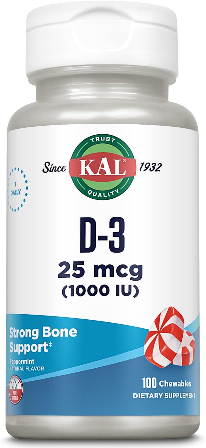 KAL Vitamin D3 1000 IU Chewable Tablets - Natural Peppermint Flavour, 100 Count - görsel 1