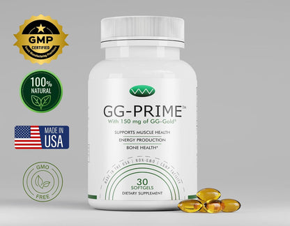 GG-Prime™ Geranylgeraniol Supplement – 150mg GG-Gold® from Annatto – Helps Support CoQ10 Production, Muscle & Bone Health – 30 Soft gel capsule Capsules