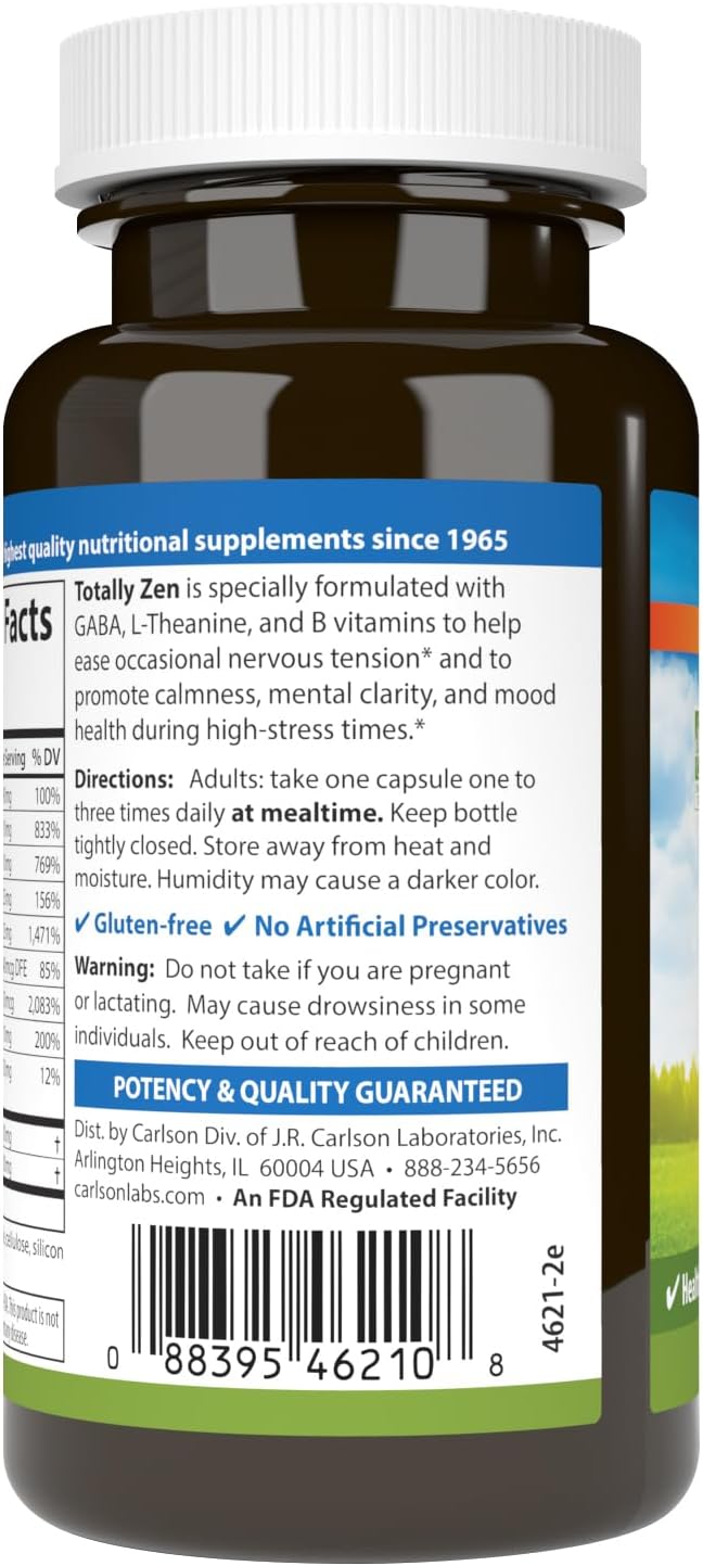 Carlson Totally Zen - GABA, L-Theanine & B Vitamins for Healthy Mood and Mental Clarity - 60 Capsules - görsel 3