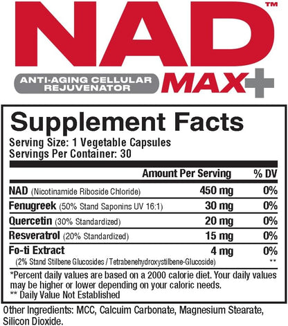 Metabolic Nutrition NAD MAX Plus+ - 450mg NAD+ with Fenugreek, Quercetin, Resveratrol & Fo-ti - 30 Vegetable Capsules