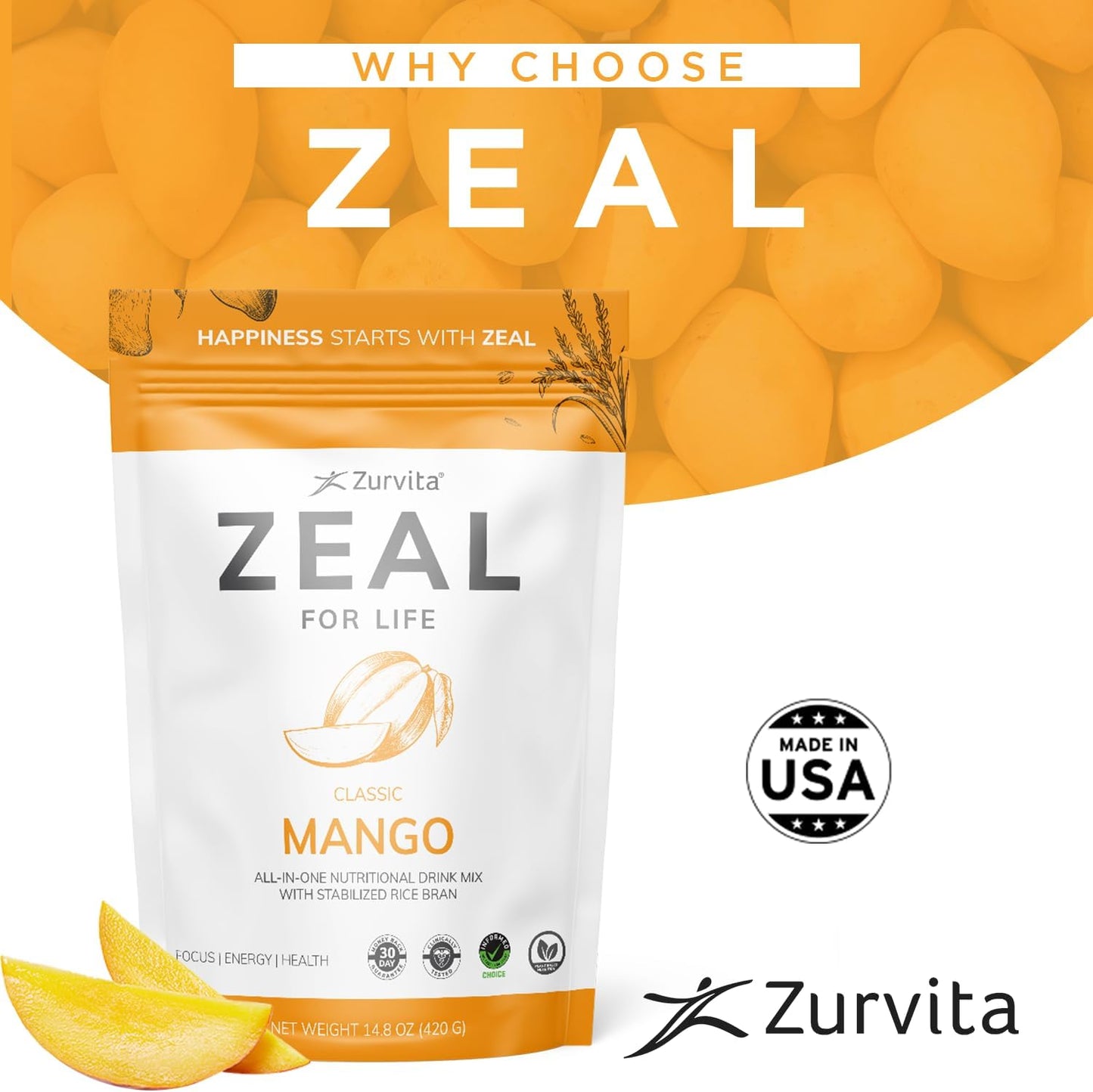 Zurvita Zeal for Life Wellness Drink Mix - Mango Flavour - Gluten-Free, Vegan, with Biotin, Vitamins B12, C, D, E, Iron, Magnesium - 30 Servings (420 g) - görsel 6